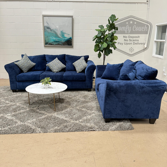 🛋️ Blue Suede Sofa & Love Seat Set (Delivery  Available!! )