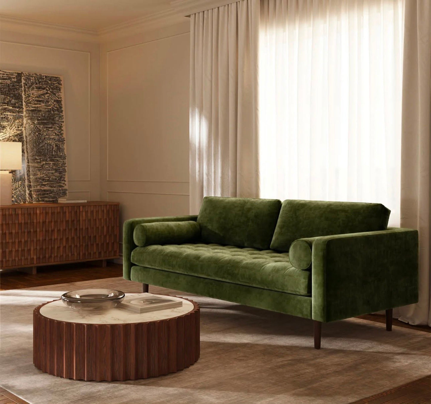 Poly & Bark Napa Velvet Sofa – Distressed Green | Brand New in Box