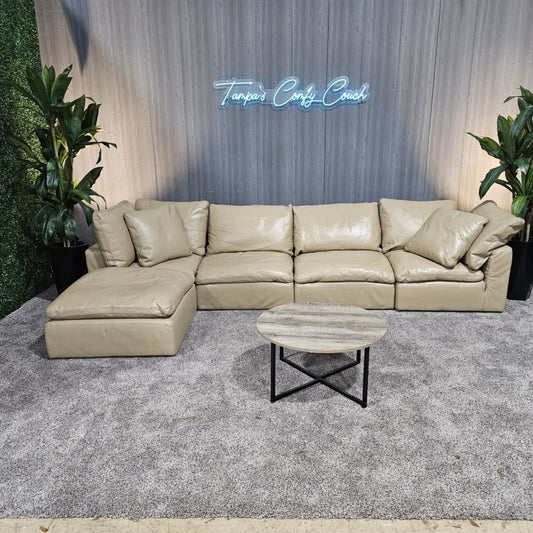 RH - Tan Leather Restoration Hardware Original Cloud Couch (5pc) | Petite