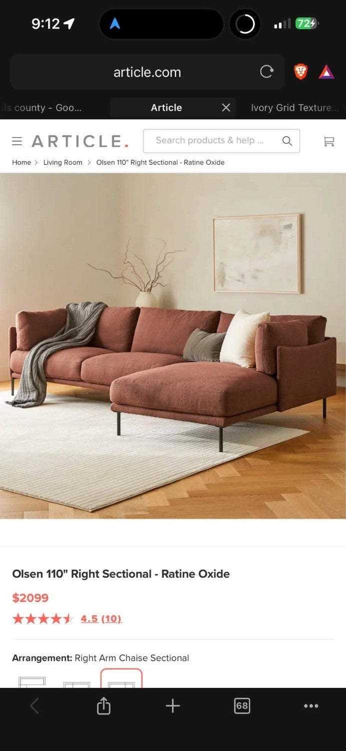 Article Olsen 110” Right Sectional | Ratine Oxide | Brand New (Delivery Available!! )