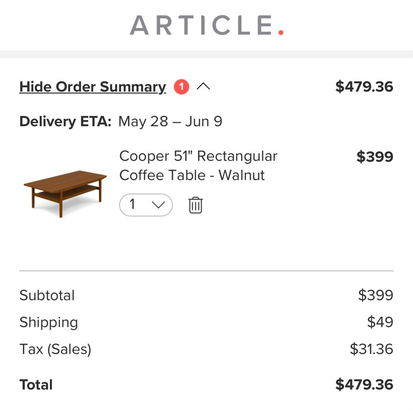 Cooper 51” Rectangular Coffee Table – Walnut | Brand New, No Damage